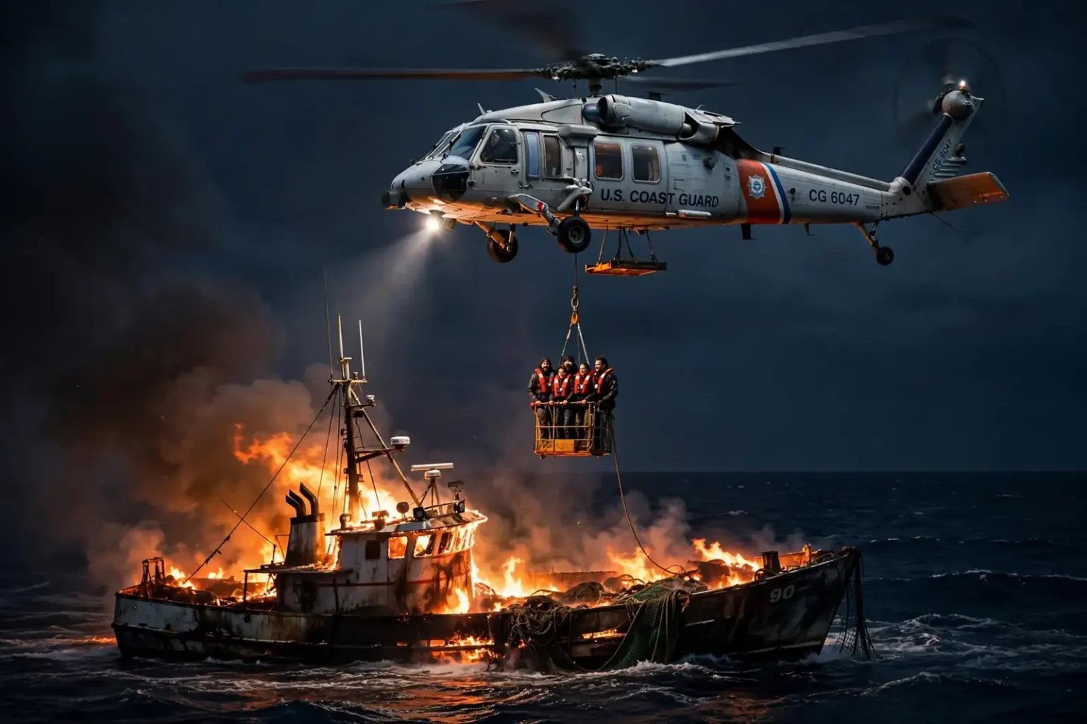 Coast Guard helicopter hovering at night over a fishing vessel on fire in open water
