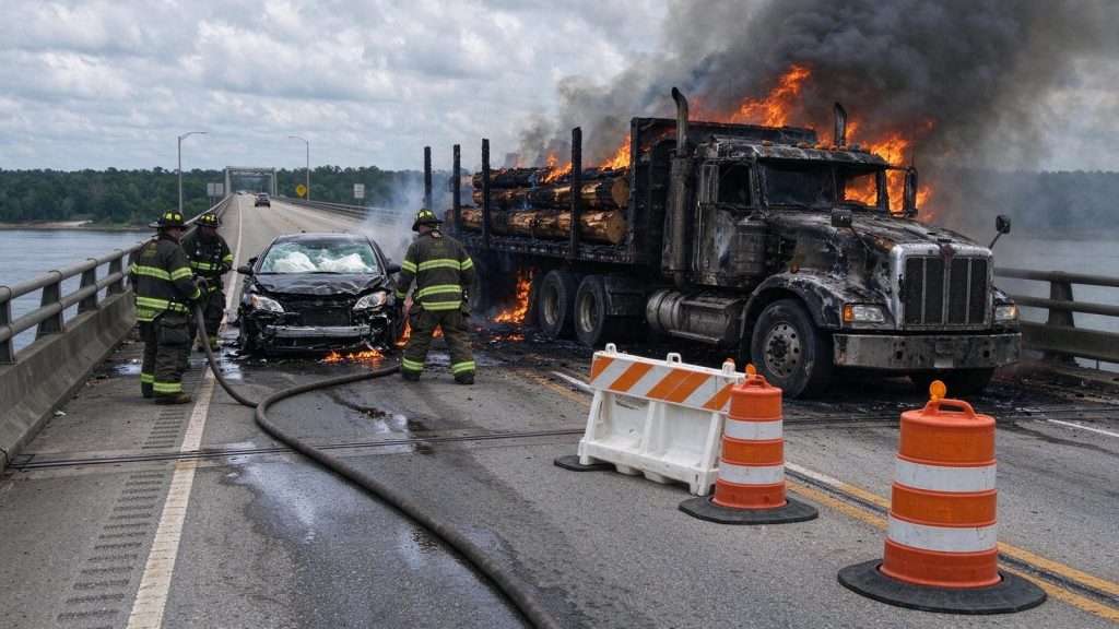 Illustration for the news story: Burning Log Truck Shuts Down Highway 10 Bridge Over Alabama River in Wilcox County