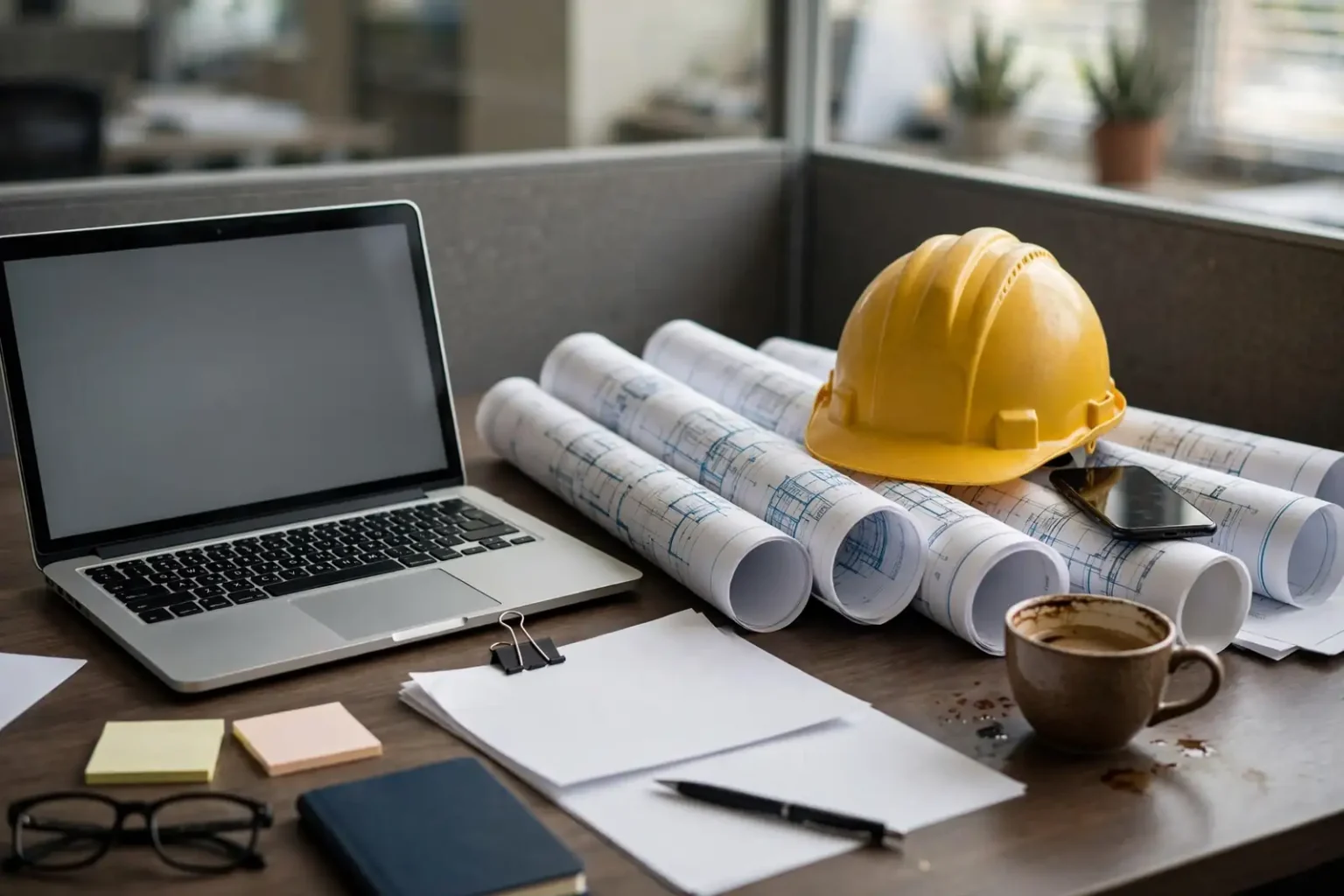 Office worker reviewing an email payment request on a laptop beside construction invoices