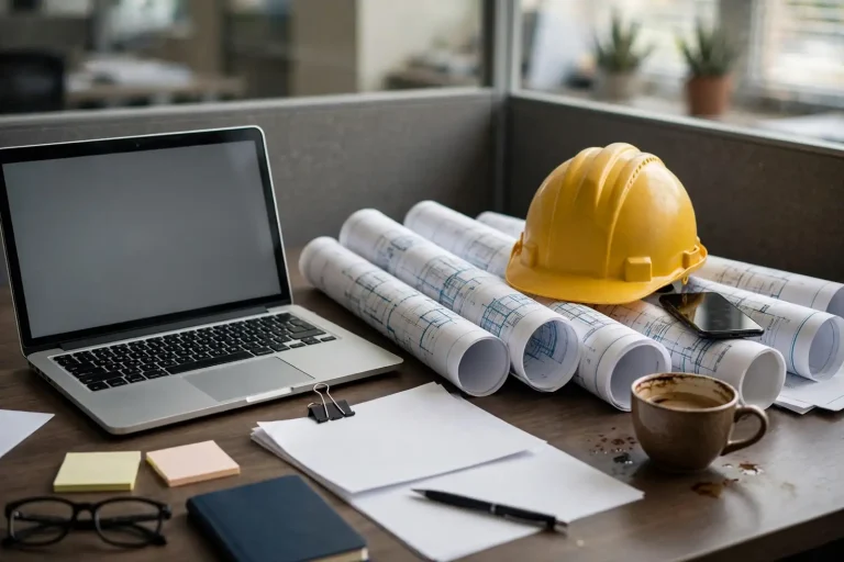 Office worker reviewing an email payment request on a laptop beside construction invoices