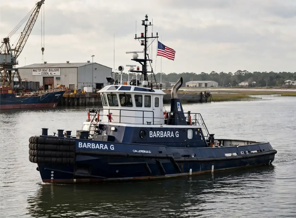 A navy blue tugboat named Barbara G on calm water in front of a shipyard building and crane