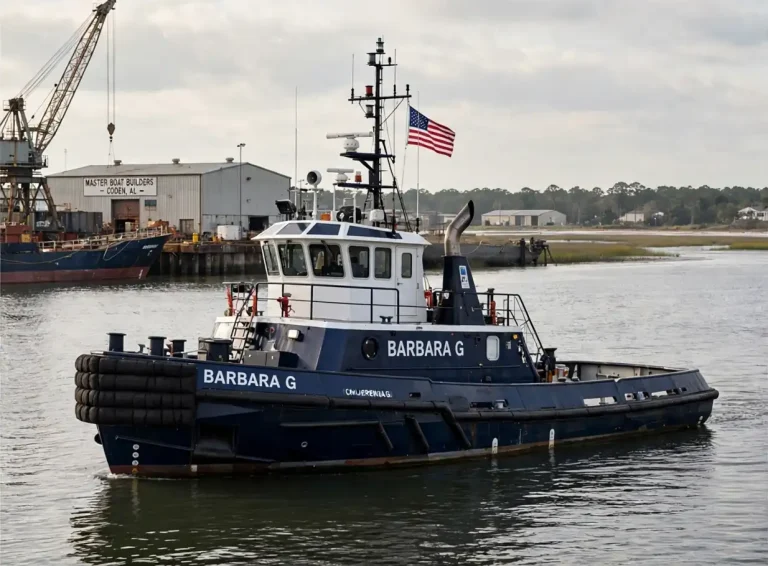 A navy blue tugboat named Barbara G on calm water in front of a shipyard building and crane