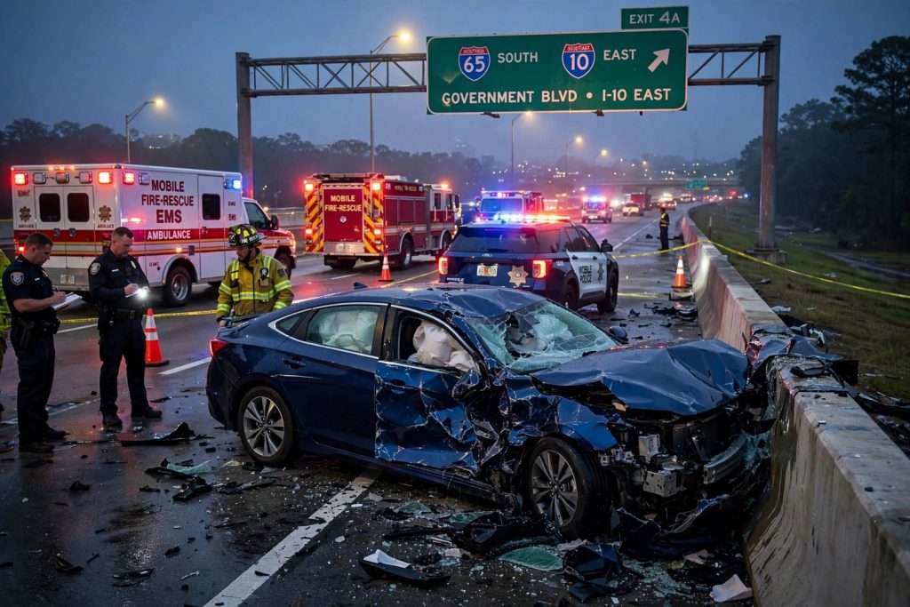 Illustration for the news story: Mobile Driver Faces Felony Eluding Charge After I-65 Chase Ends in Crash Into Retaining Wall