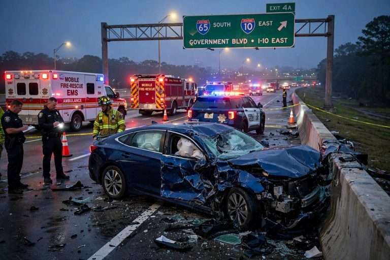Illustration for the news story: Mobile Driver Faces Felony Eluding Charge After I-65 Chase Ends in Crash Into Retaining Wall
