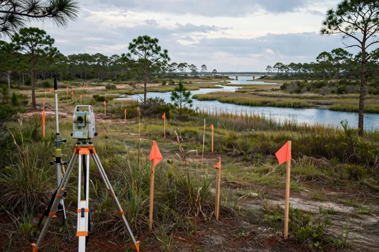 Surveying instrument on a tripod beside orange survey flags in coastal pine woods near a waterway, depicting the Canal Road reroute survey