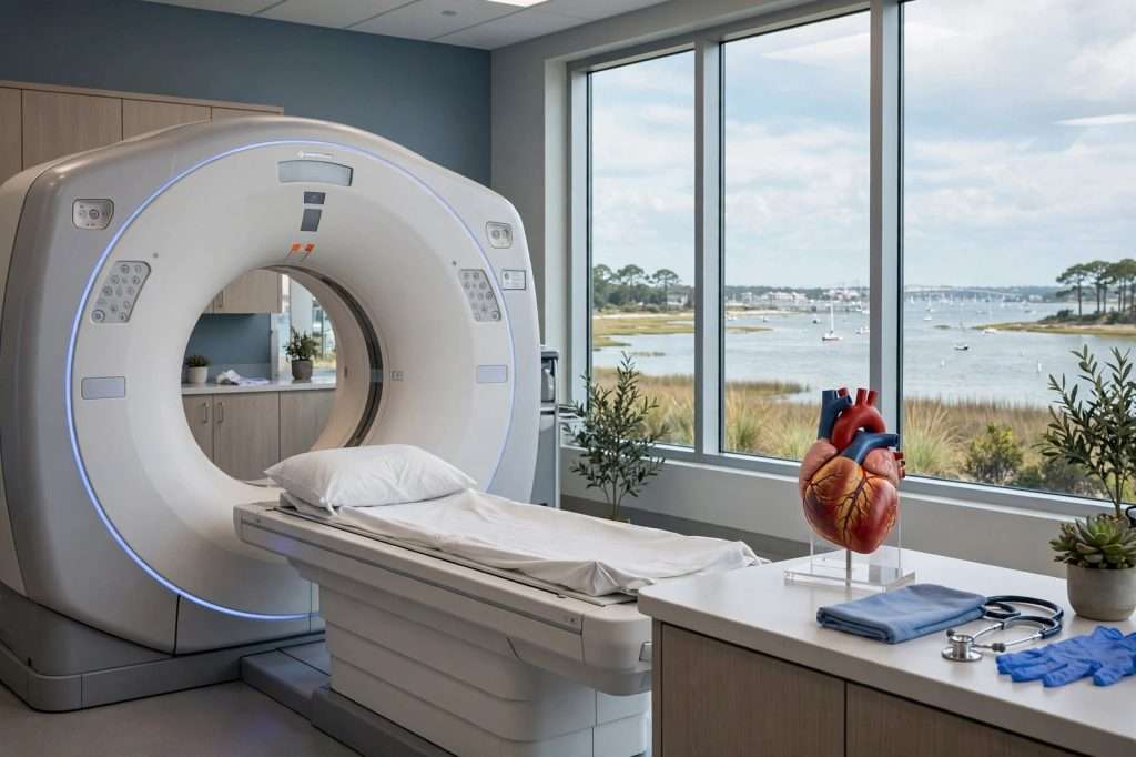 Modern CT scanner with patient table in a bright, clean hospital imaging room