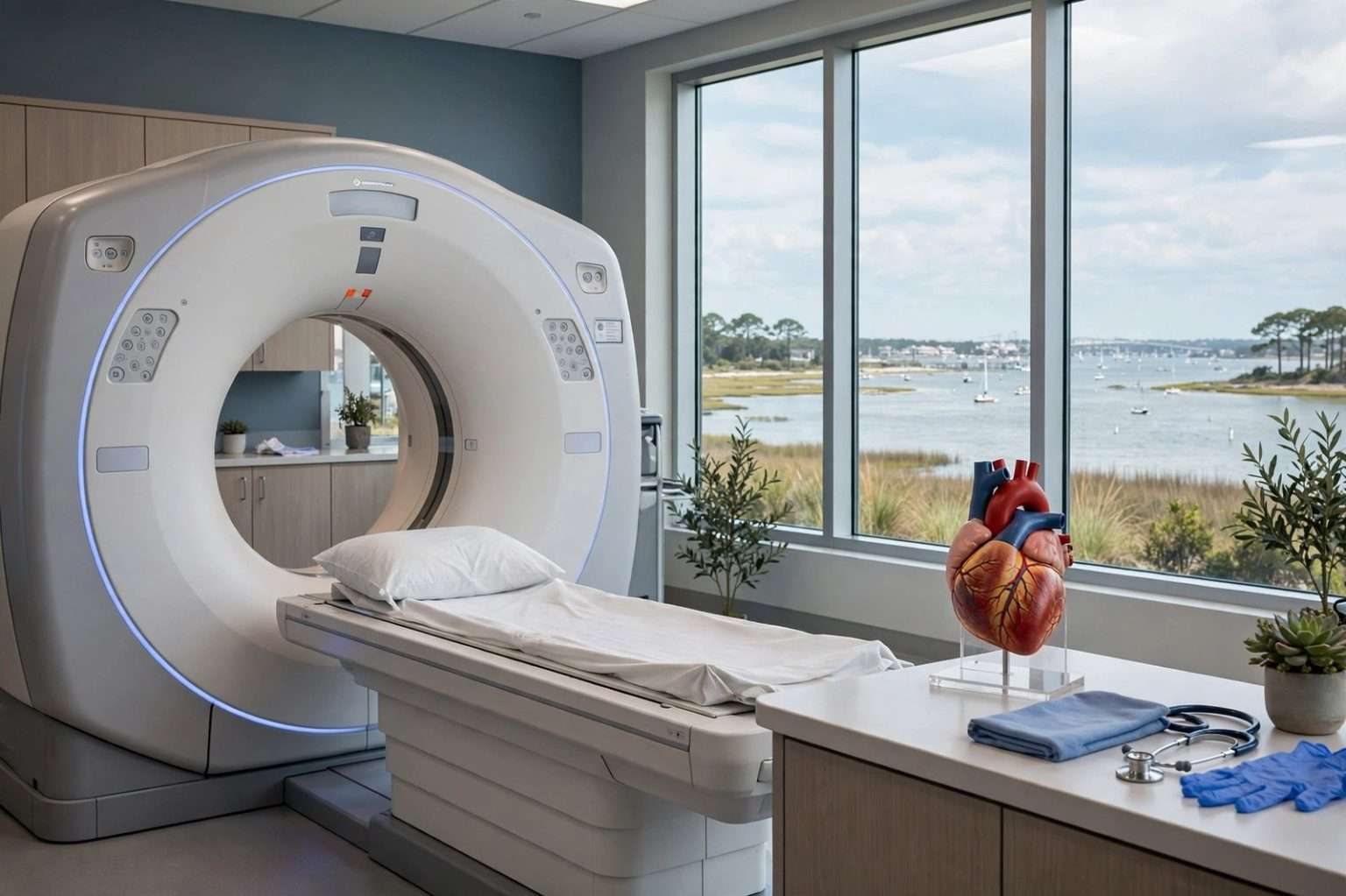 Modern CT scanner with patient table in a bright, clean hospital imaging room