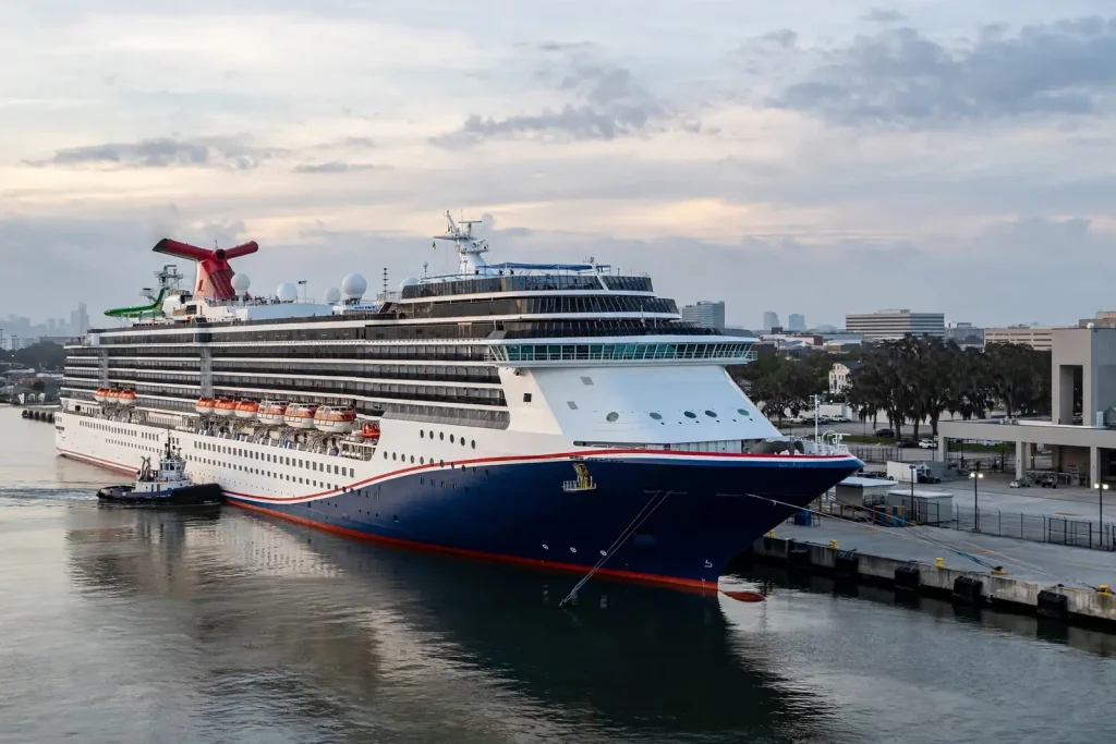 A white Carnival cruise ship with a red-and-blue funnel docked beside the cruise terminal on the Mobile River