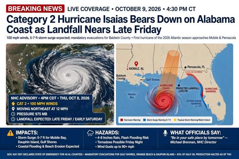 Illustration for the news story: Category 2 Hurricane Isaias Bears Down on Alabama Coast as Landfall Nears Late Friday