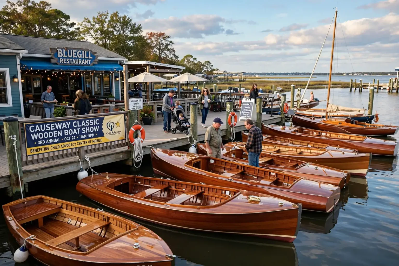 Classic varnished wooden boats docked beside a waterfront restaurant on the Mobile Bay Causeway