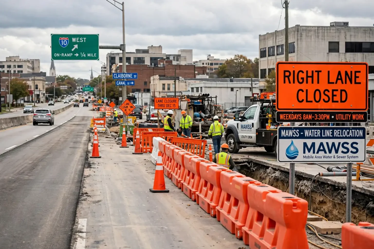 Claiborne Street lane closure - Claiborne Street Lane Closure Begins as MAWSS Moves Utilities for Mobile River Bridge Project
