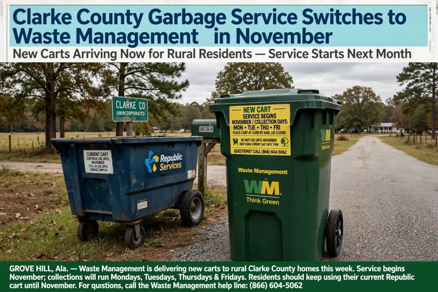 Wheeled garbage carts lined up at the edge of a rural road
