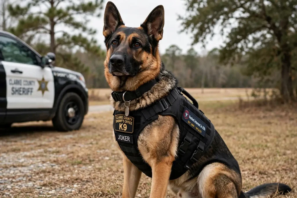 A law enforcement dog wearing a black protective vest sits beside its handler outdoors