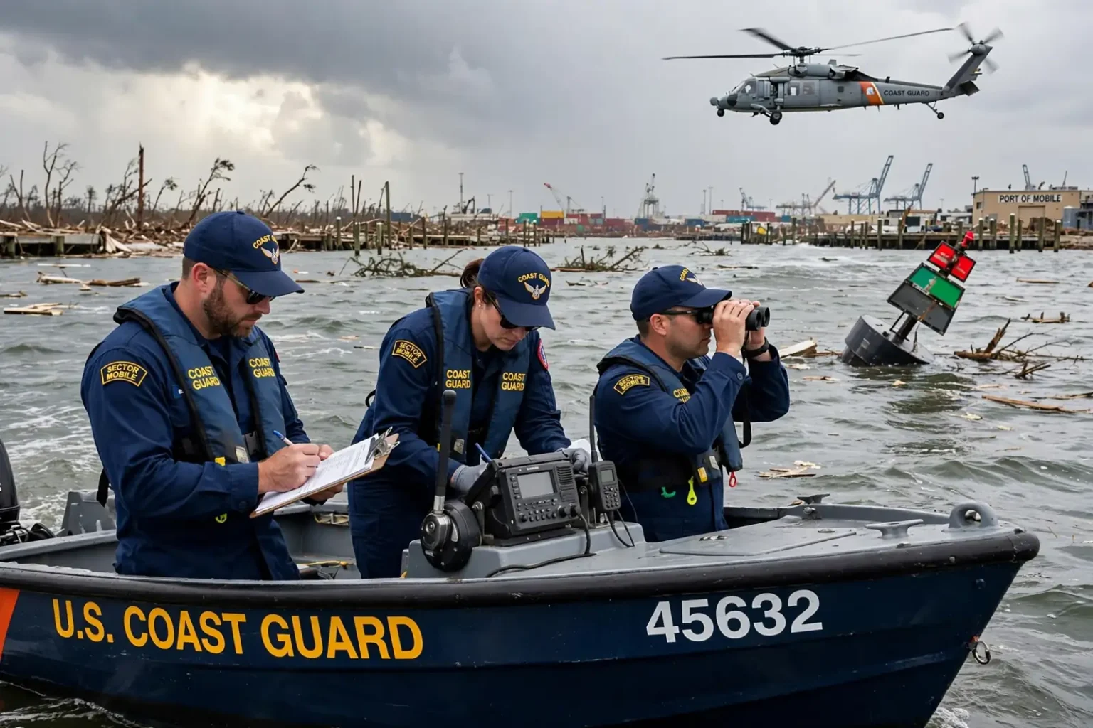 A U.S. Coast Guard response boat passes a red navigation buoy in the Mobile ship channel under cloudy skies, with port cranes visible in the distance