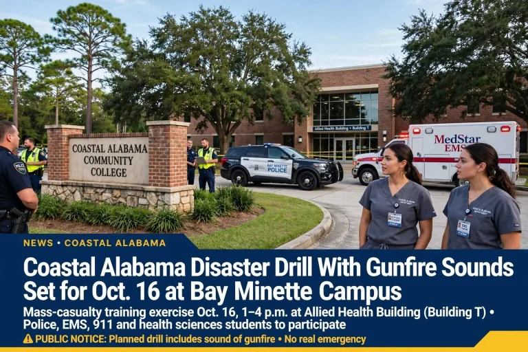 Police officers and health sciences students near an ambulance at Coastal Alabama Community College in Bay Minette