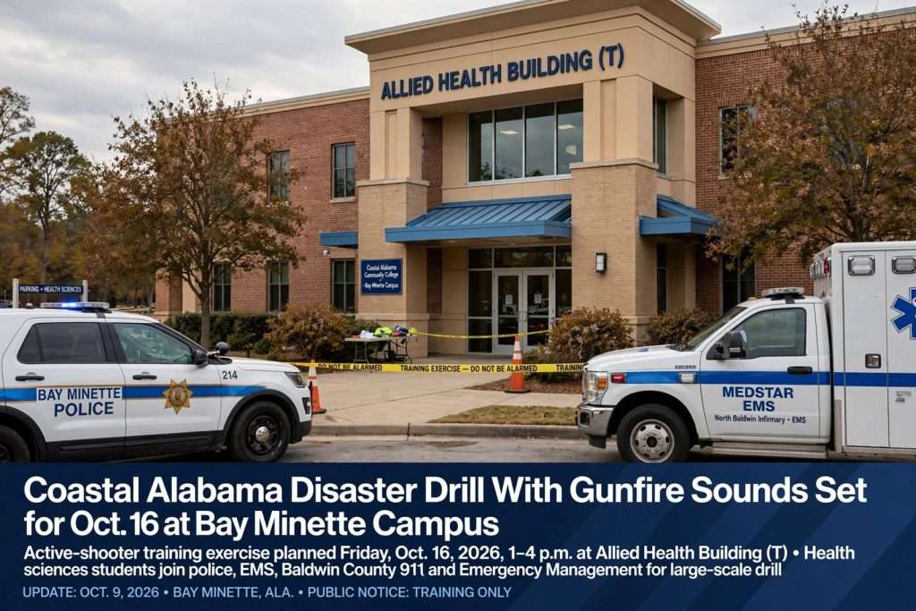 Illustration for the news story: Coastal Alabama Disaster Drill With Gunfire Sounds Set for Oct. 16 at Bay Minette Campus