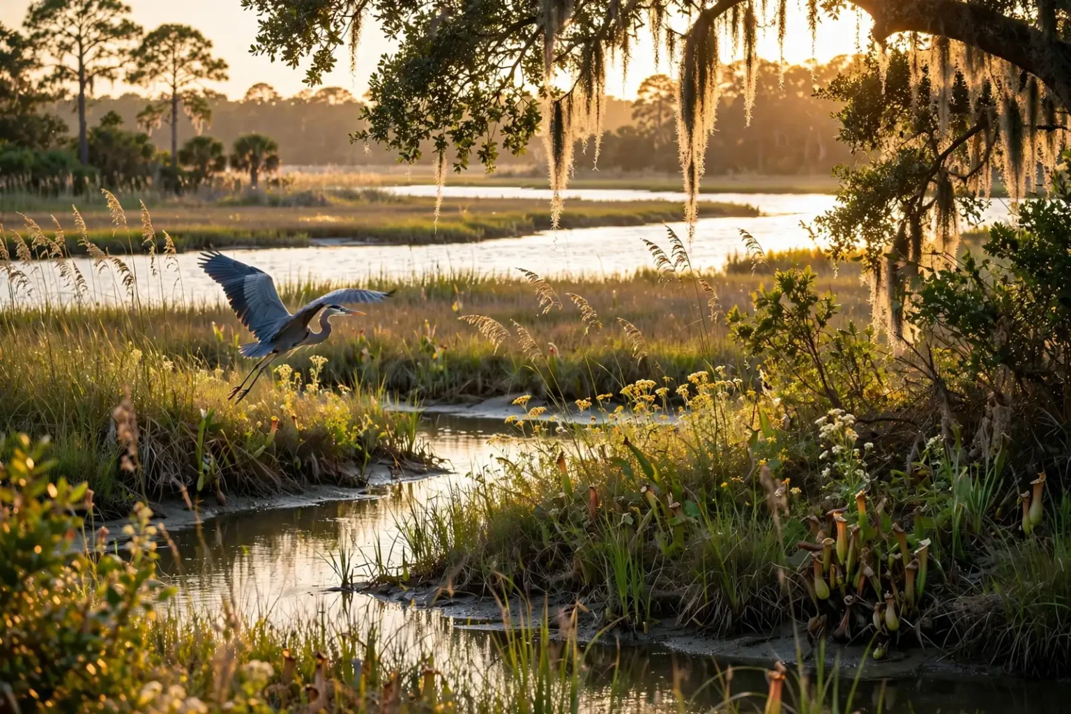 Great blue heron flying over a golden coastal marsh with Spanish moss and pitcher plants, the kind of scene sought by the South Alabama Land Trust photo contest