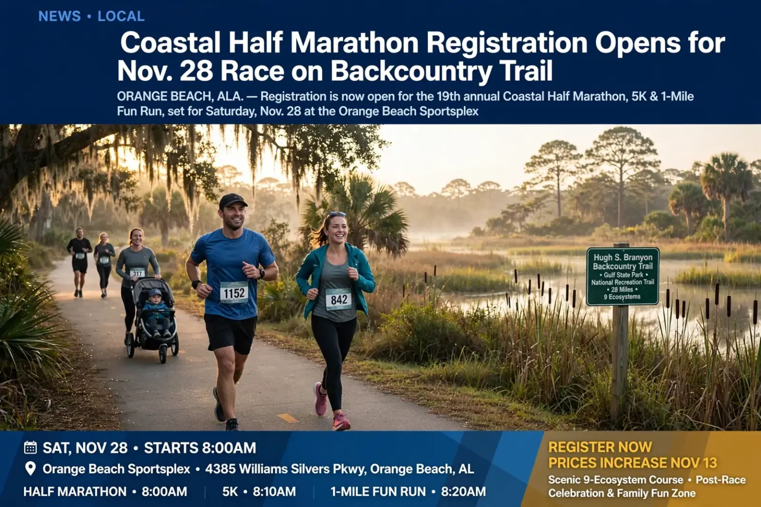 Runners on a paved trail winding through pine forest and marsh on the Alabama coast