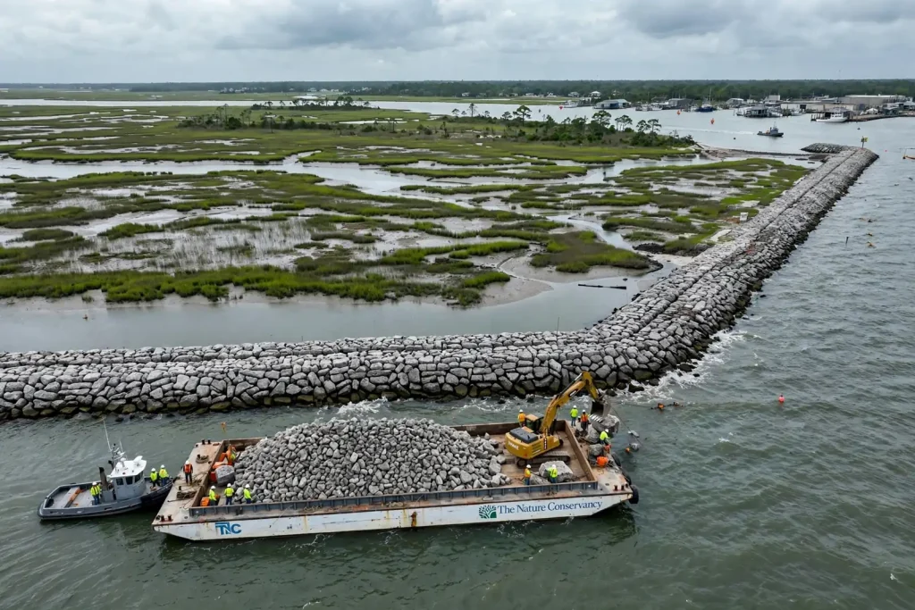 Coffee Island breakwater - 80,000 Tons of Rock: Nature Conservancy Builds Two-Mile Breakwater to Shield Coffee Island, Eyes Bayou Coden