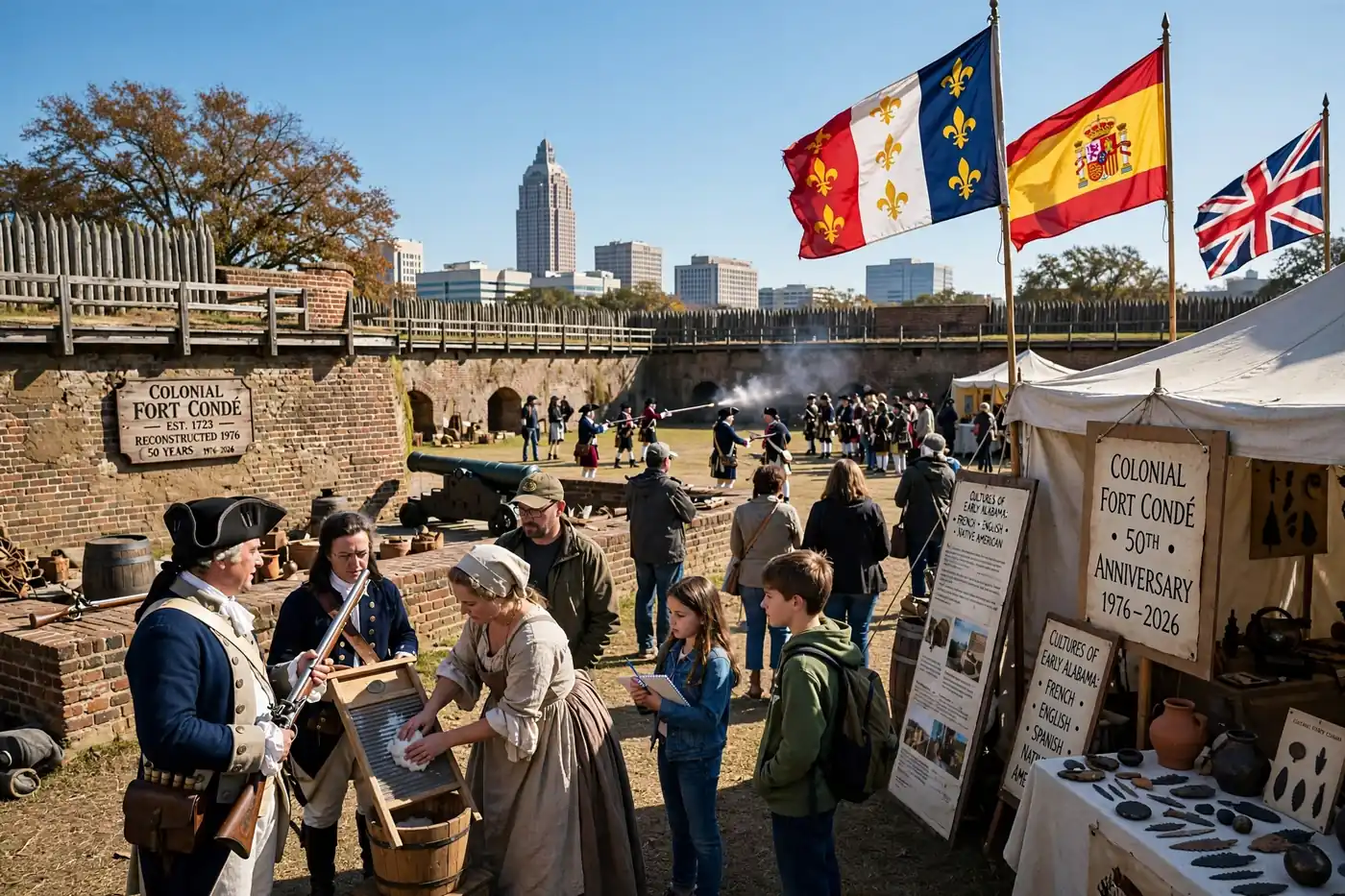 Reconstructed colonial brick fort wall with a cannon on its rampart under a clear blue sky