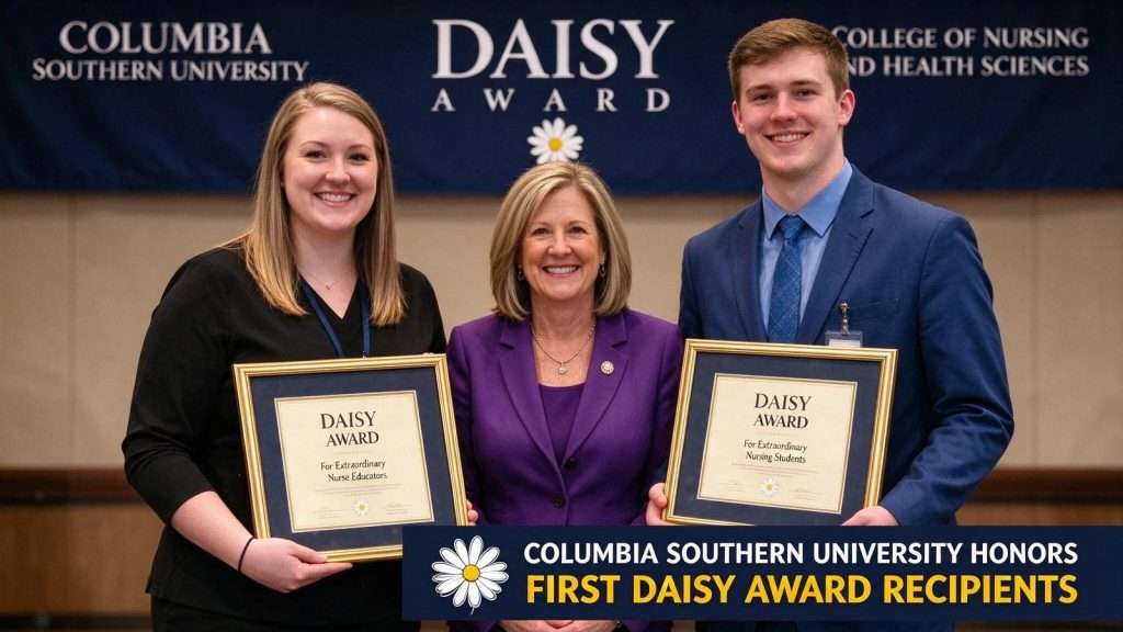 Illustration for the news story: Columbia Southern University Gives First DAISY Award to Nurse Educator, Graduate Who Nominated Each Other