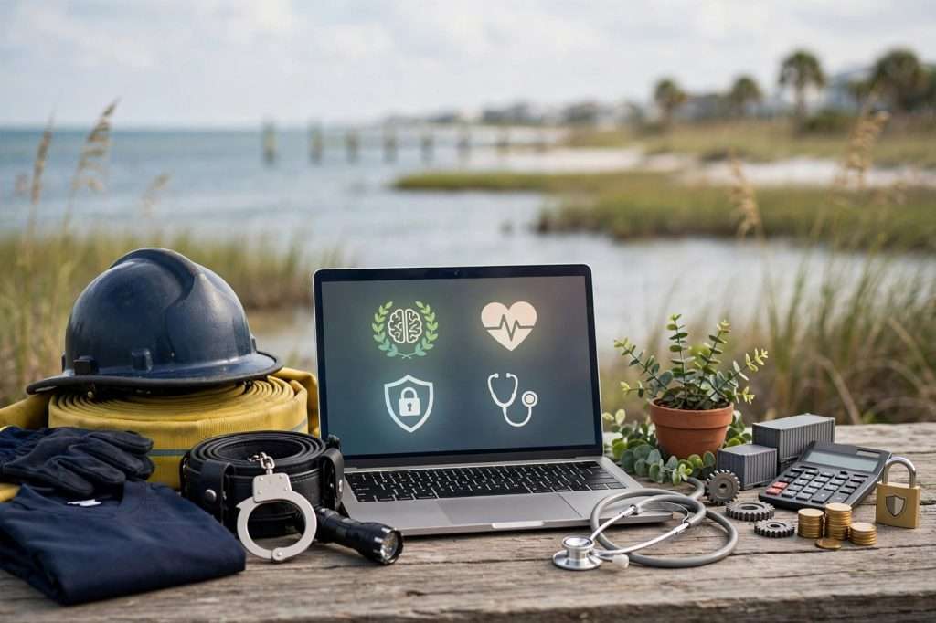 Laptop showing an online course page beside a firefighter helmet and police cap on a desk