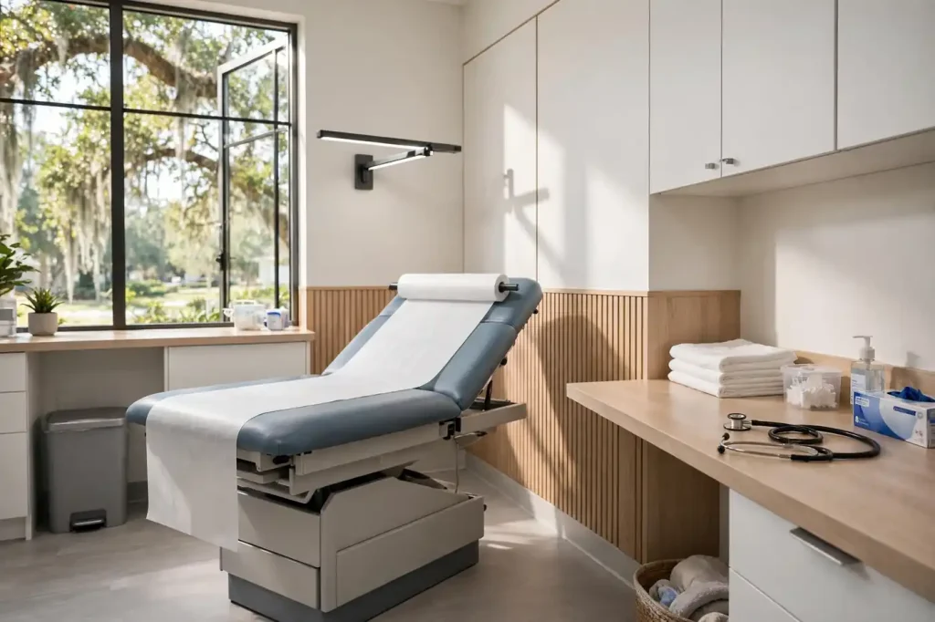 Clean, bright clinic exam room with an exam table, counter and stethoscope beside a window