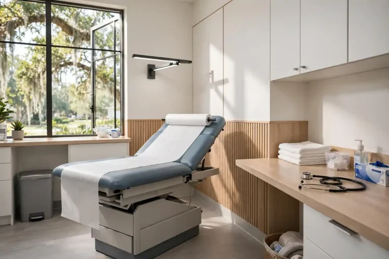 Clean, bright clinic exam room with an exam table, counter and stethoscope beside a window