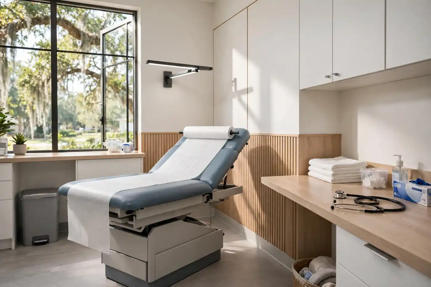 Clean, bright clinic exam room with an exam table, counter and stethoscope beside a window