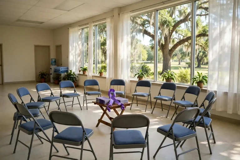 Empty chairs arranged in a circle in a sunlit meeting room with a purple ribbon on a small table