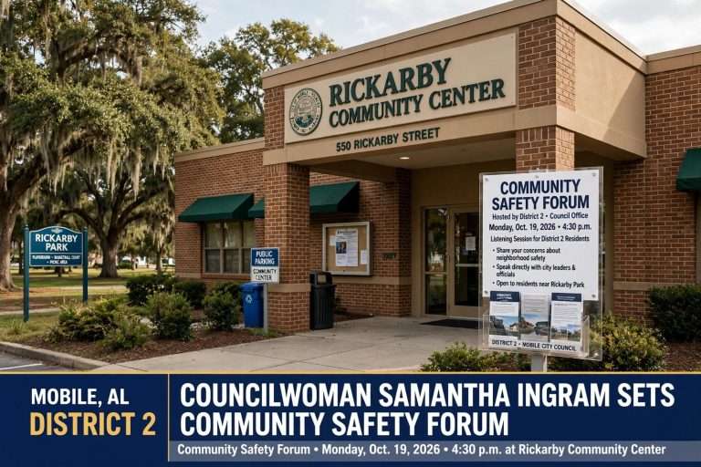 Illustration for the news story: Councilwoman Samantha Ingram Sets Community Safety Forum at Mobile’s Rickarby Center