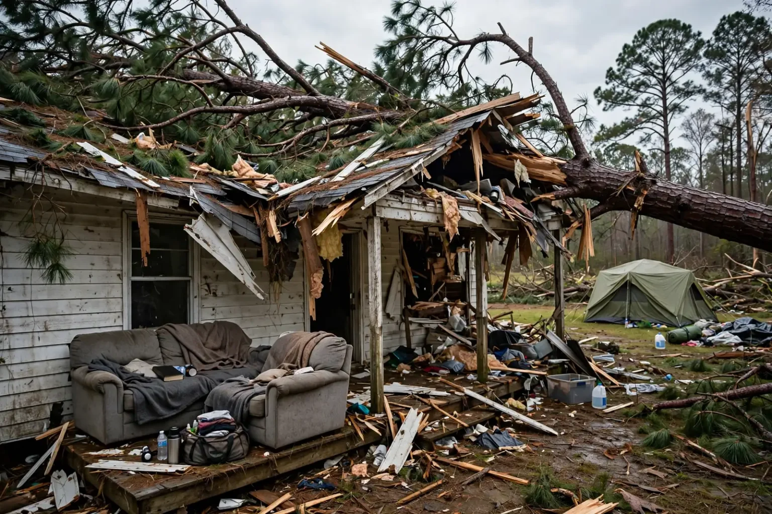 A house with large fallen trees across its roof in a rural wooded area