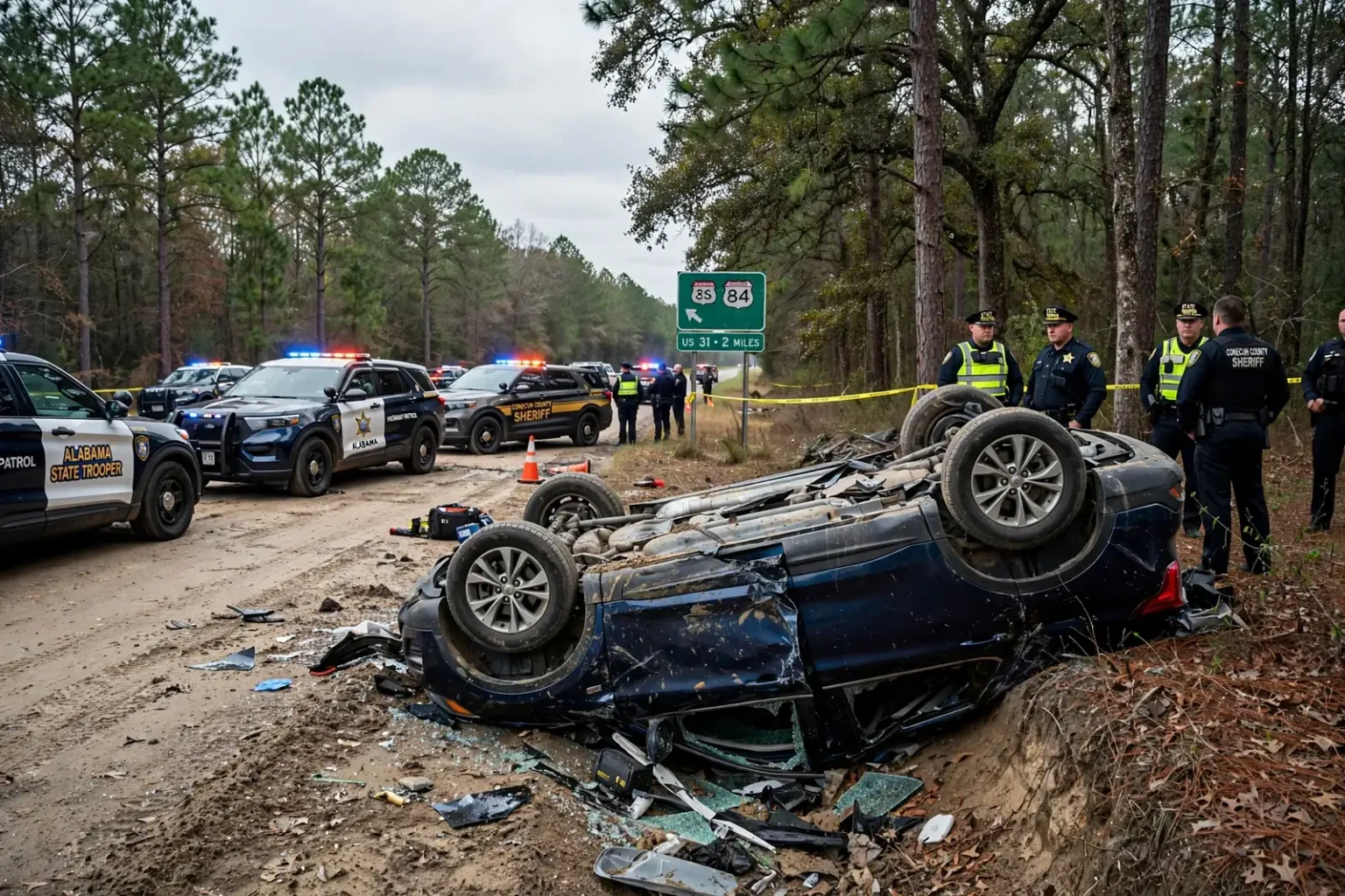 Overturned dark sedan beside a dirt road in the woods with police vehicles and officers nearby