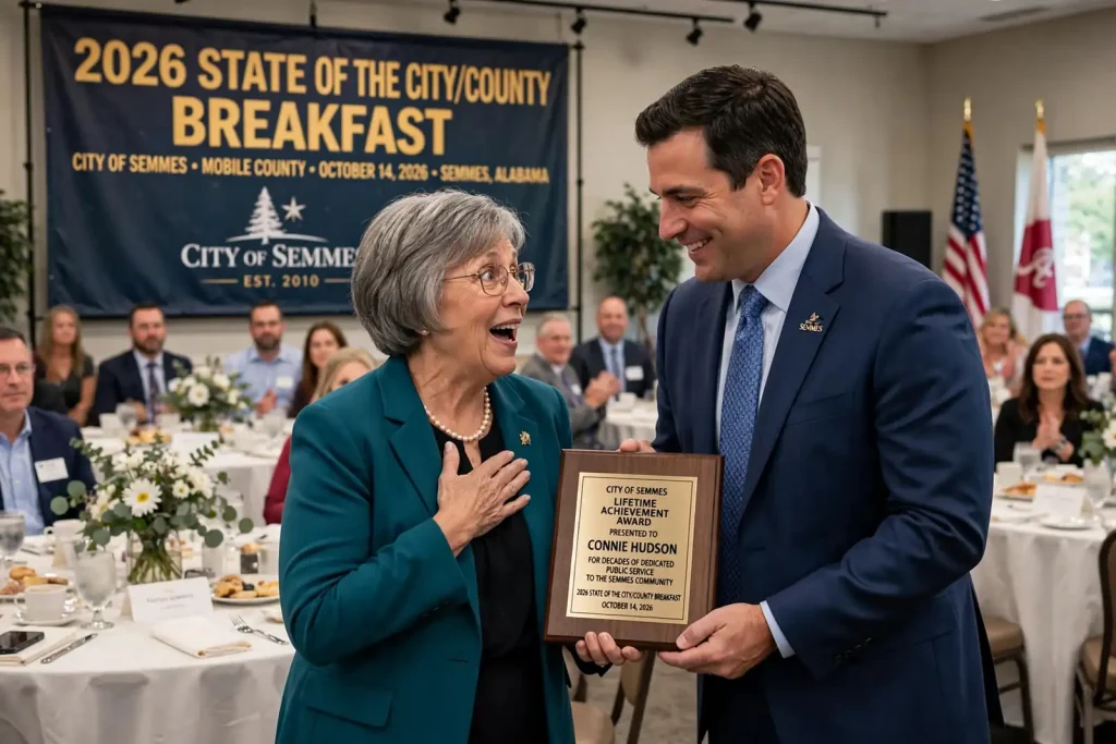 Local officials at a podium during an award presentation at a community breakfast in a banquet room