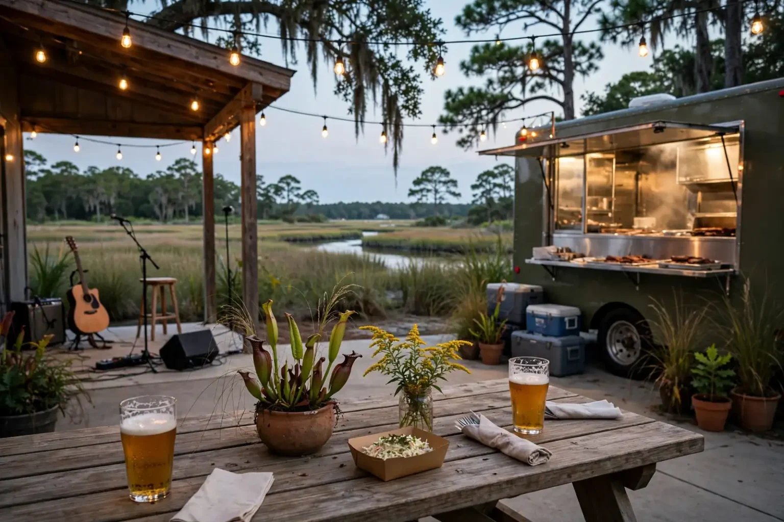 Two pints of beer on a picnic table beside a pitcher plant, with a barbecue food truck and an acoustic music stage overlooking a marsh, for Conservation on Tap