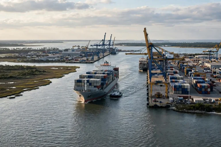 Loaded container ship escorted by a tugboat past cranes at a container terminal, illustrating the Alabama Port Authority record year