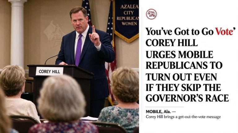 Illustration for the news story: ‘You’ve Got to Go Vote’: Corey Hill Urges Mobile Republicans to Turn Out Even if They Skip the Governor’s Race