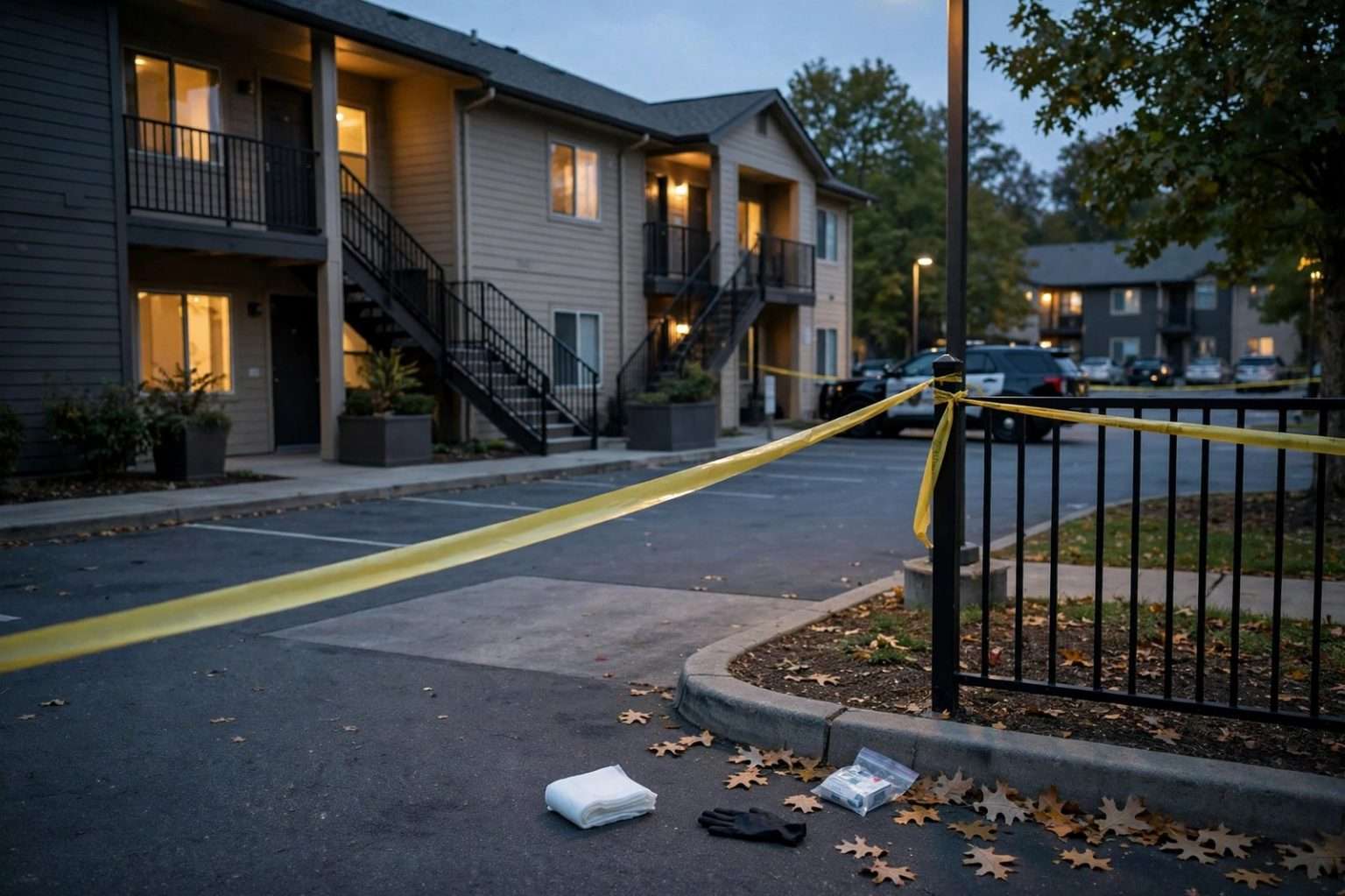 Yellow police tape stretched across a parking lot outside a suburban apartment complex