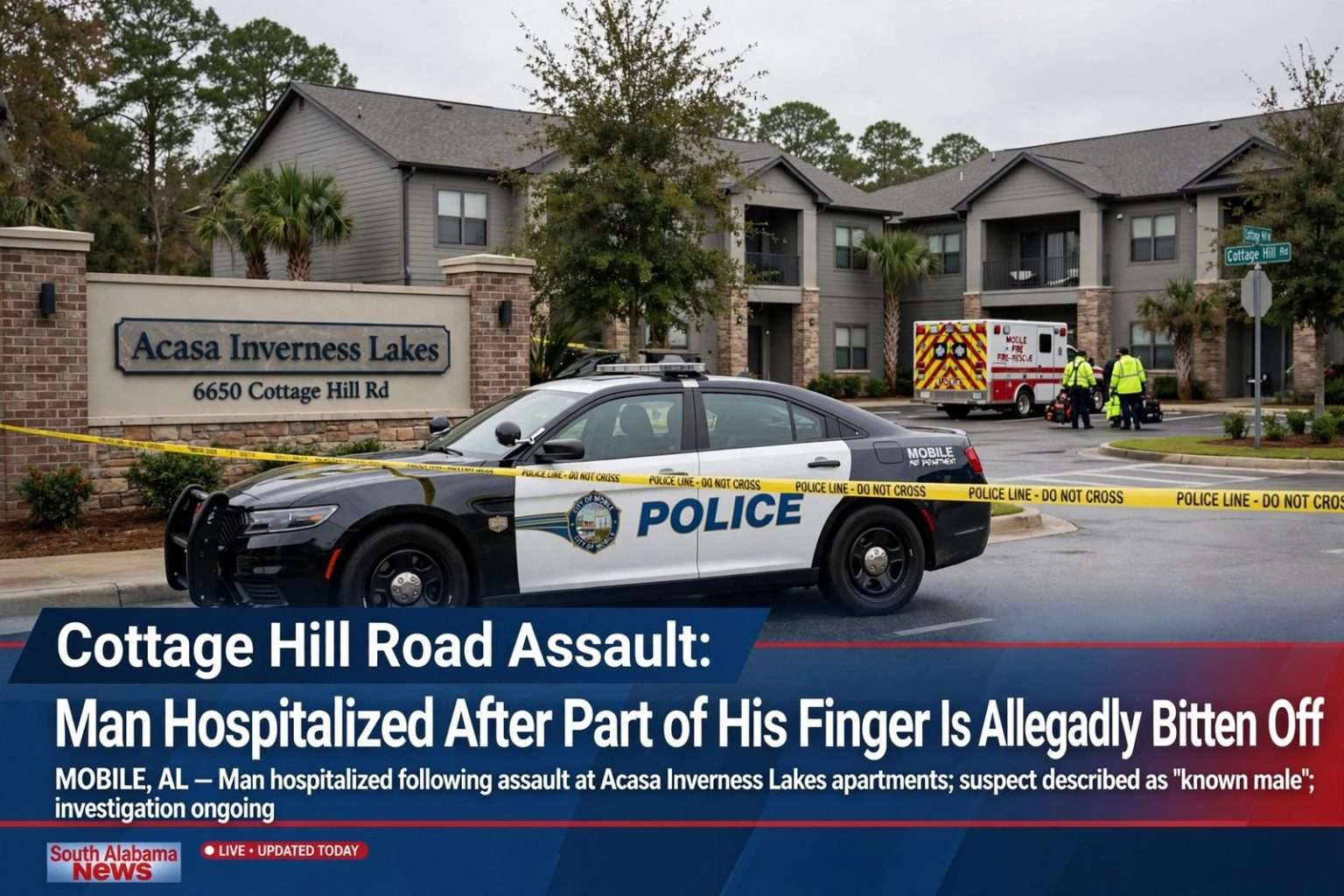 Illustration for the news story: Cottage Hill Road Assault: Man Hospitalized After Part of His Finger Is Allegedly Bitten Off