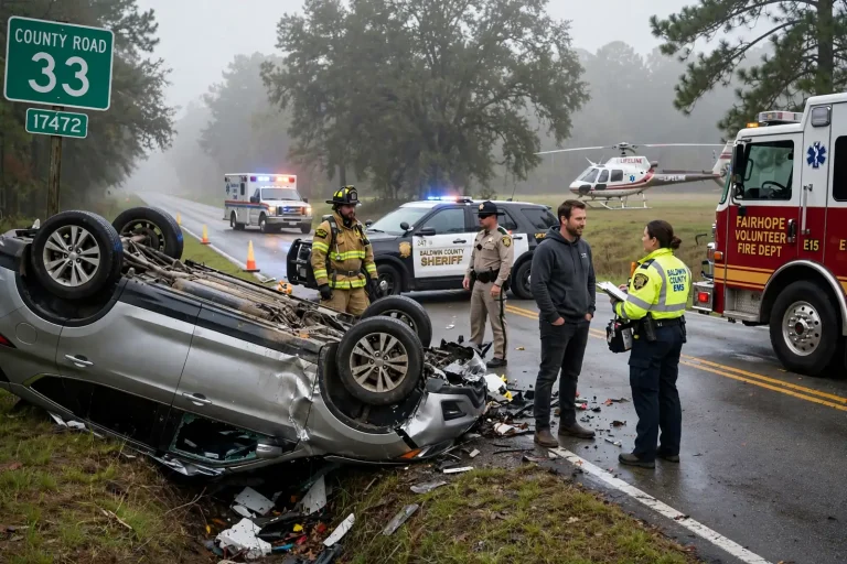 County Road 33 rollover – Driver Trapped in Overturned Car Frees Himself After County Road 33 Rollover Near Fairhope