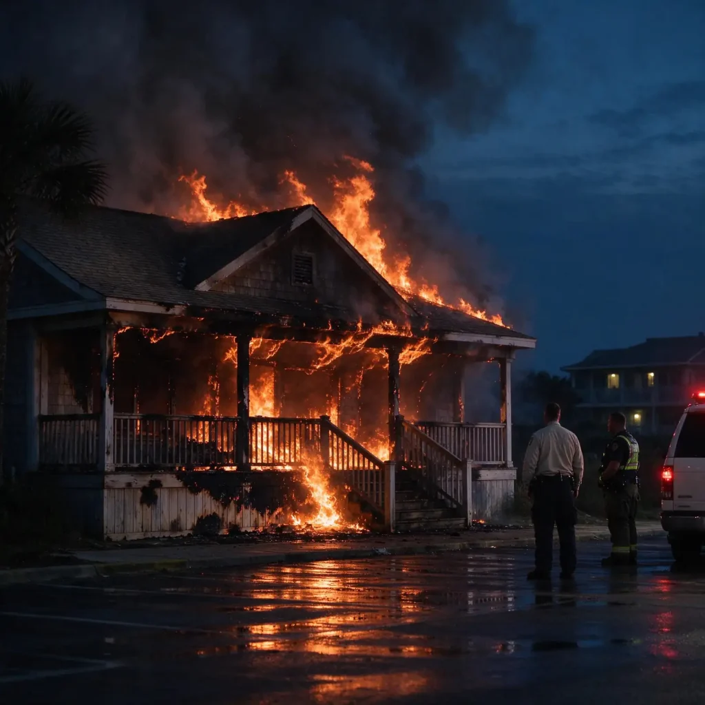 Raised wooden beach house engulfed in flames before dawn as two responders watch from a wet parking lot, depicting the Coyote Beach Sports fire in Gulf Shores