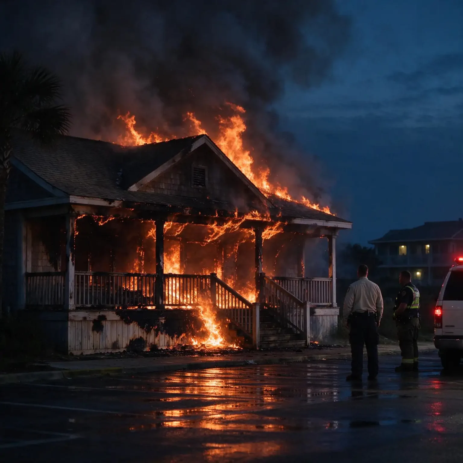 Raised wooden beach house engulfed in flames before dawn as two responders watch from a wet parking lot, depicting the Coyote Beach Sports fire in Gulf Shores