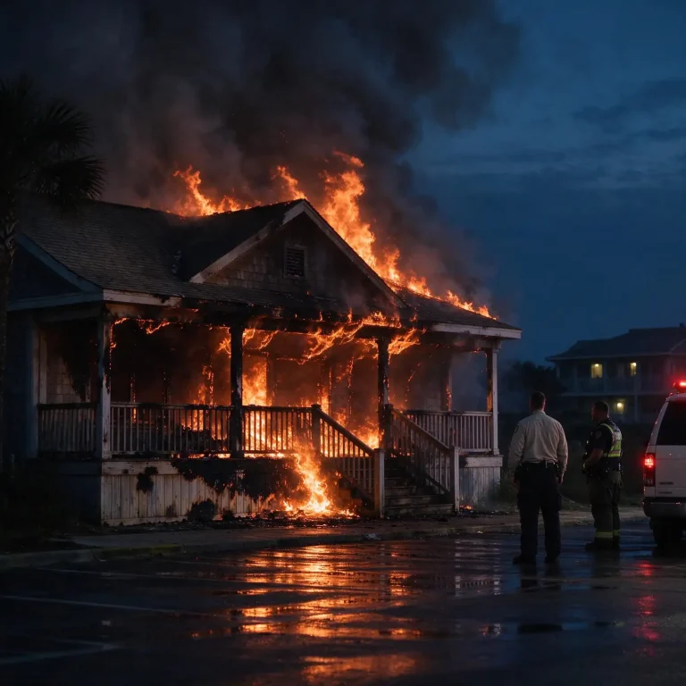Raised wooden beach house engulfed in flames before dawn as two responders watch from a wet parking lot, depicting the Coyote Beach Sports fire in Gulf Shores