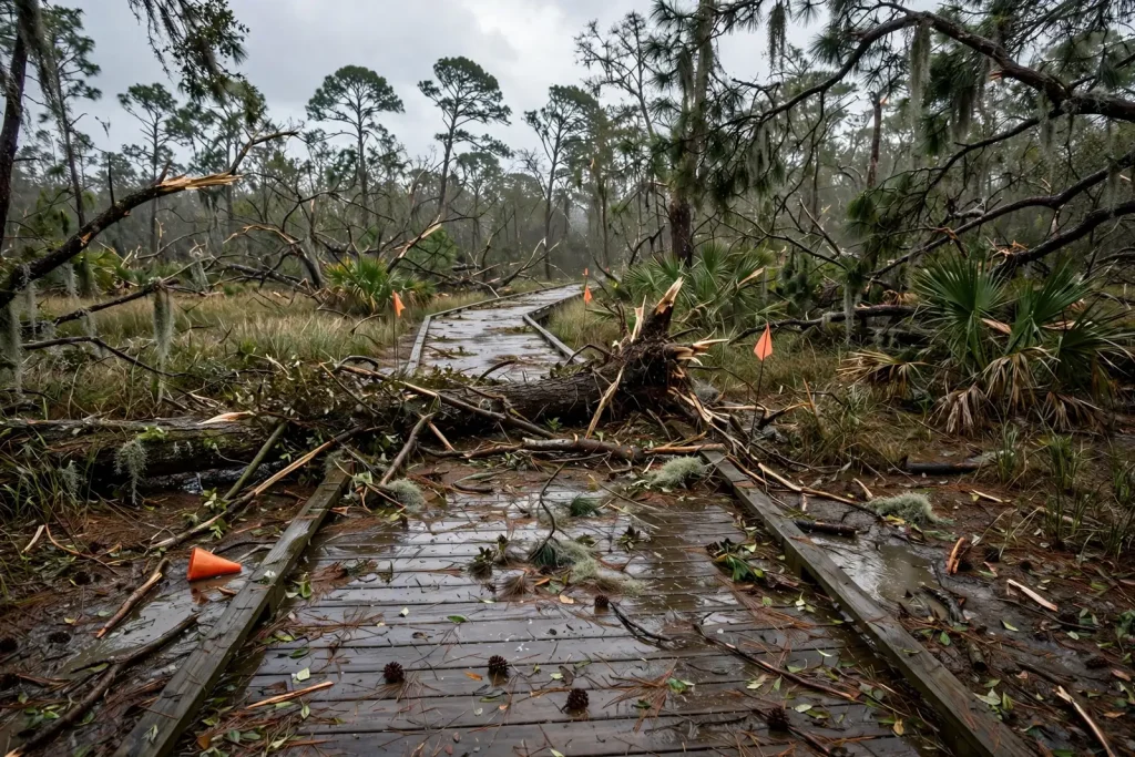 A wooden boardwalk trail marked with orange course flags is blocked by fallen pine trees and debris after Hurricane Isaias, illustrating Alabama cross country meet disruptions.