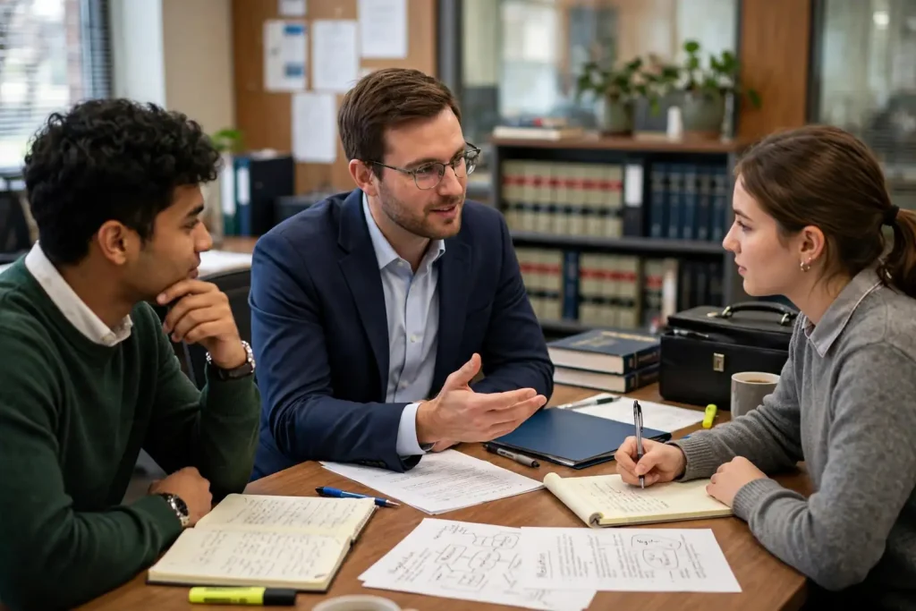 Law students seated around a conference table during a mock mediation practice session