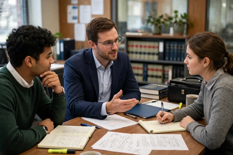 Law students seated around a conference table during a mock mediation practice session