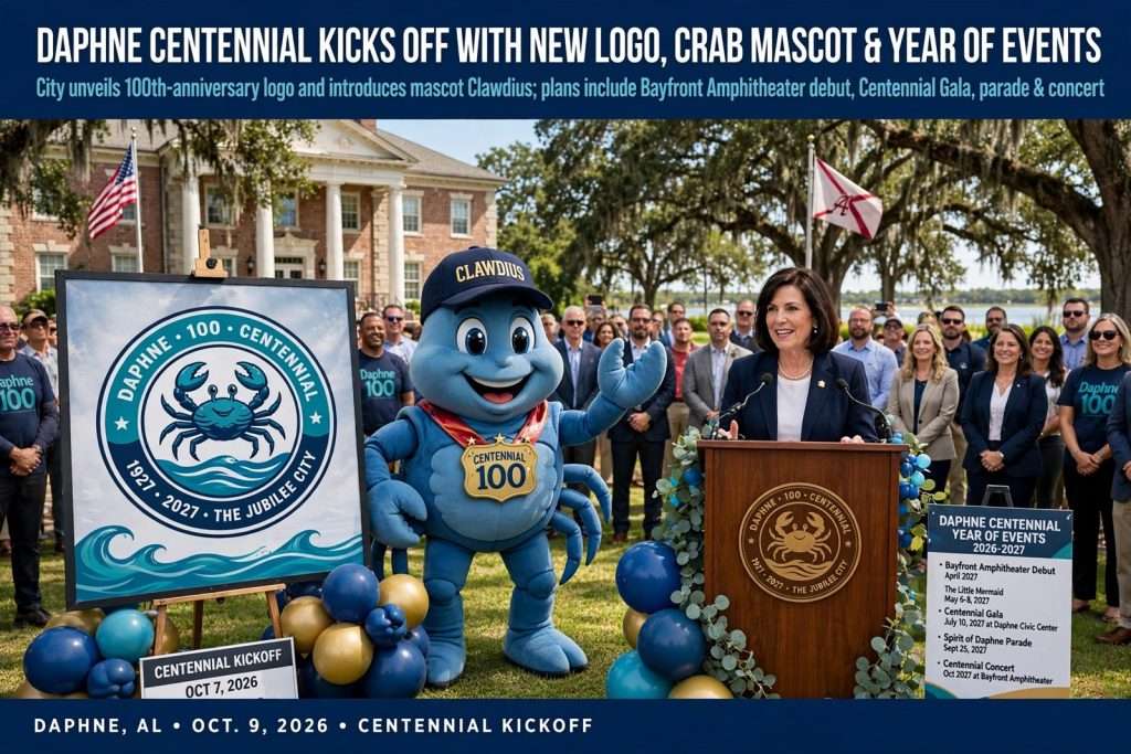 Illustration for the news story: Daphne Centennial Kicks Off With New Logo, Crab Mascot and a Year of Events Including an Amphitheater Debut