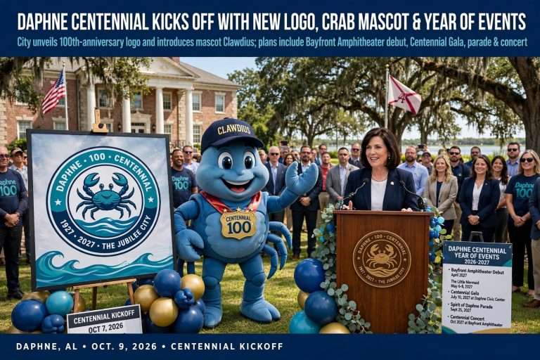 Illustration for the news story: Daphne Centennial Kicks Off With New Logo, Crab Mascot and a Year of Events Including an Amphitheater Debut