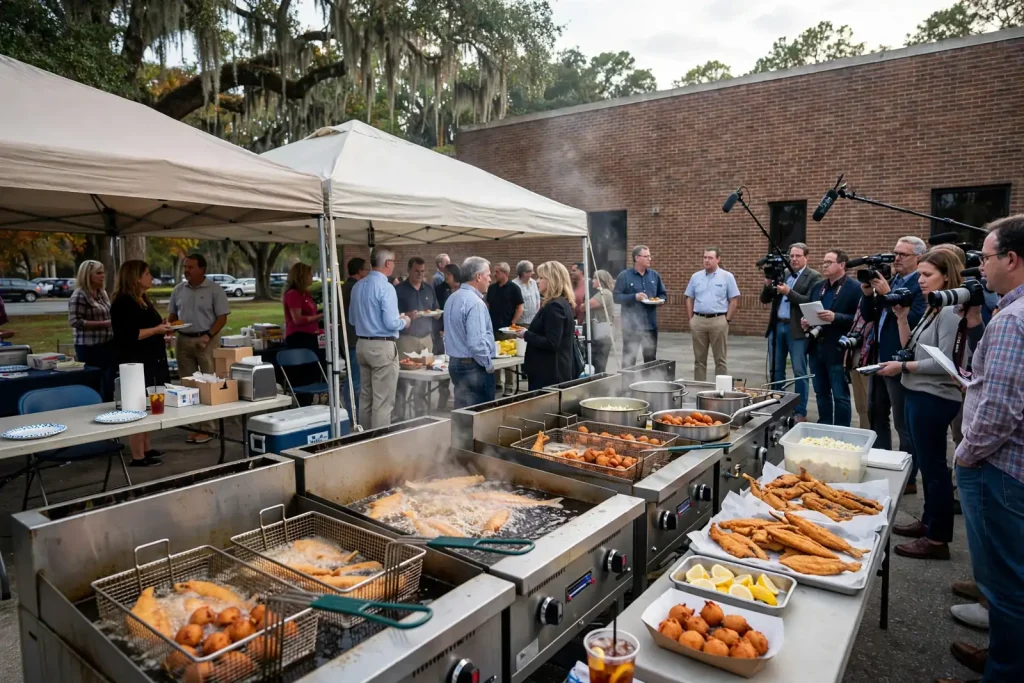 Fried fish and hushpuppies cooking at an outdoor Daphne fish fry as guests gather under tents and reporters wait with cameras