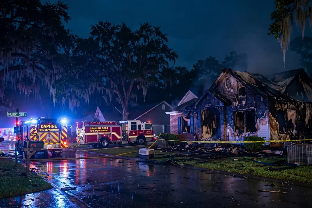 Firefighters in turnout gear spray water on a smoking, fire-damaged brick home at night as fire engines with flashing lights line a tree-lined residential street